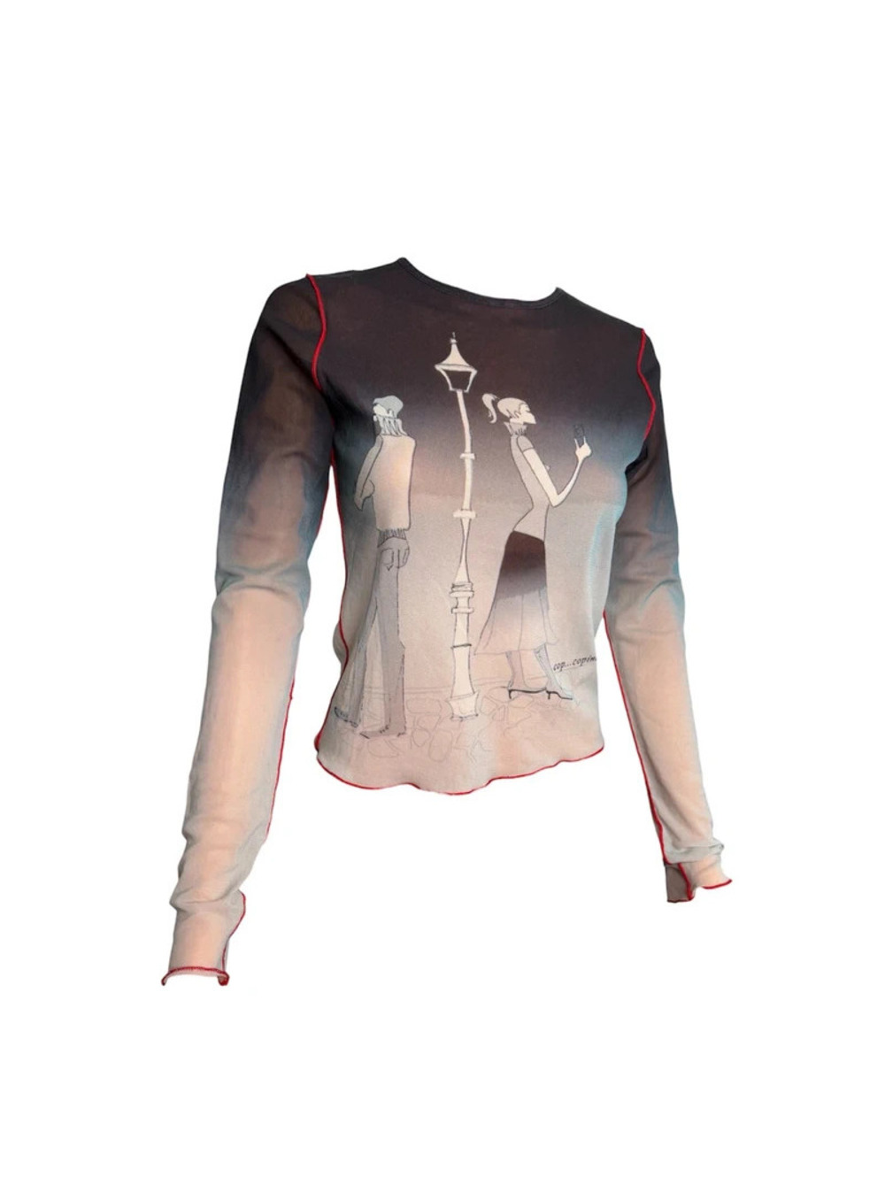 Vintage Cop Copine Y2K Mesh Top Ombré Graphic Print Long Sleeve Red Stitching